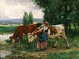 Julien Dupre Femme et vaches par l'eau painting